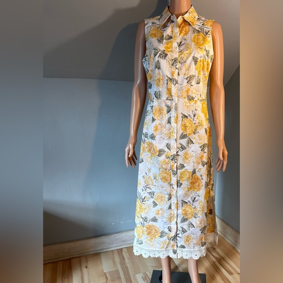 Rachel Parcell Sleeveless Floral Shirt Dress Yellow White Midi Lace Hem Size 8 - Picture 3 of 5